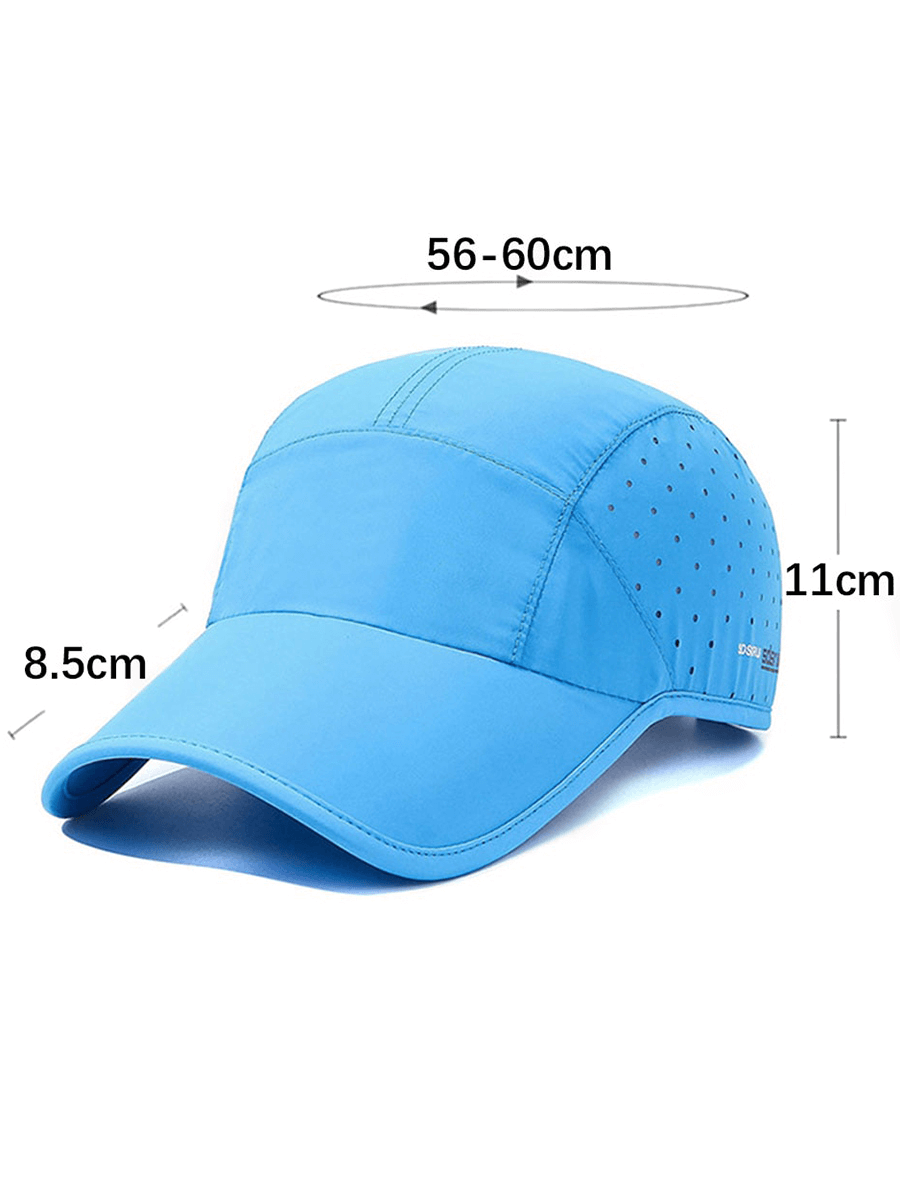 Blue waterproof adjustable baseball cap for outdoor sports with breathable design and measurements 56-60cm in diameter, 11cm height.